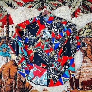 Vtg 80s 90s Button Down Shirt Bold Abstract Geometric Print Colorful Retro Top M
